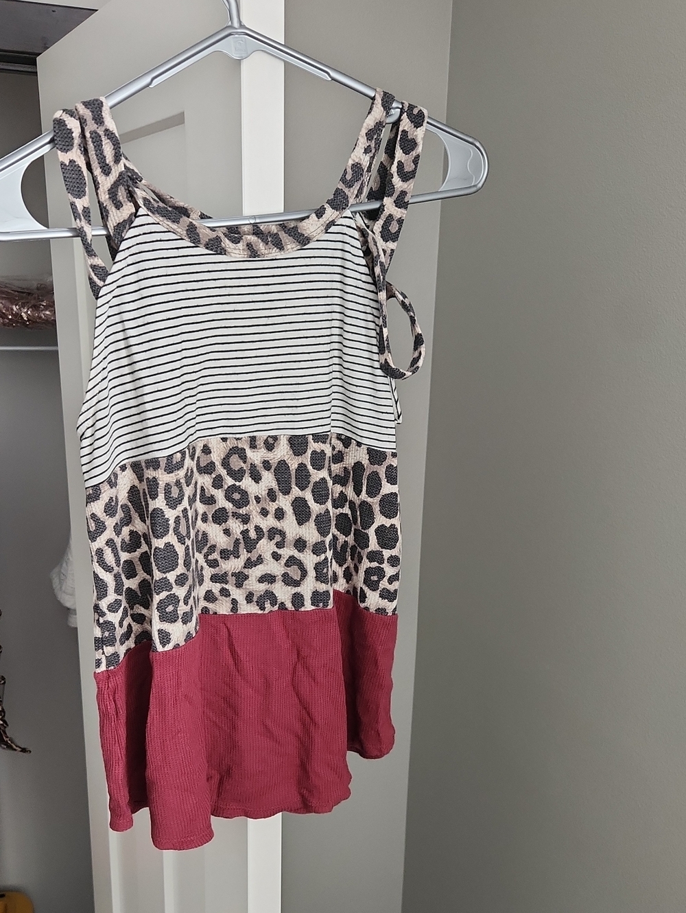 7th Ray Black & White Striped Tank with Leopard Accent